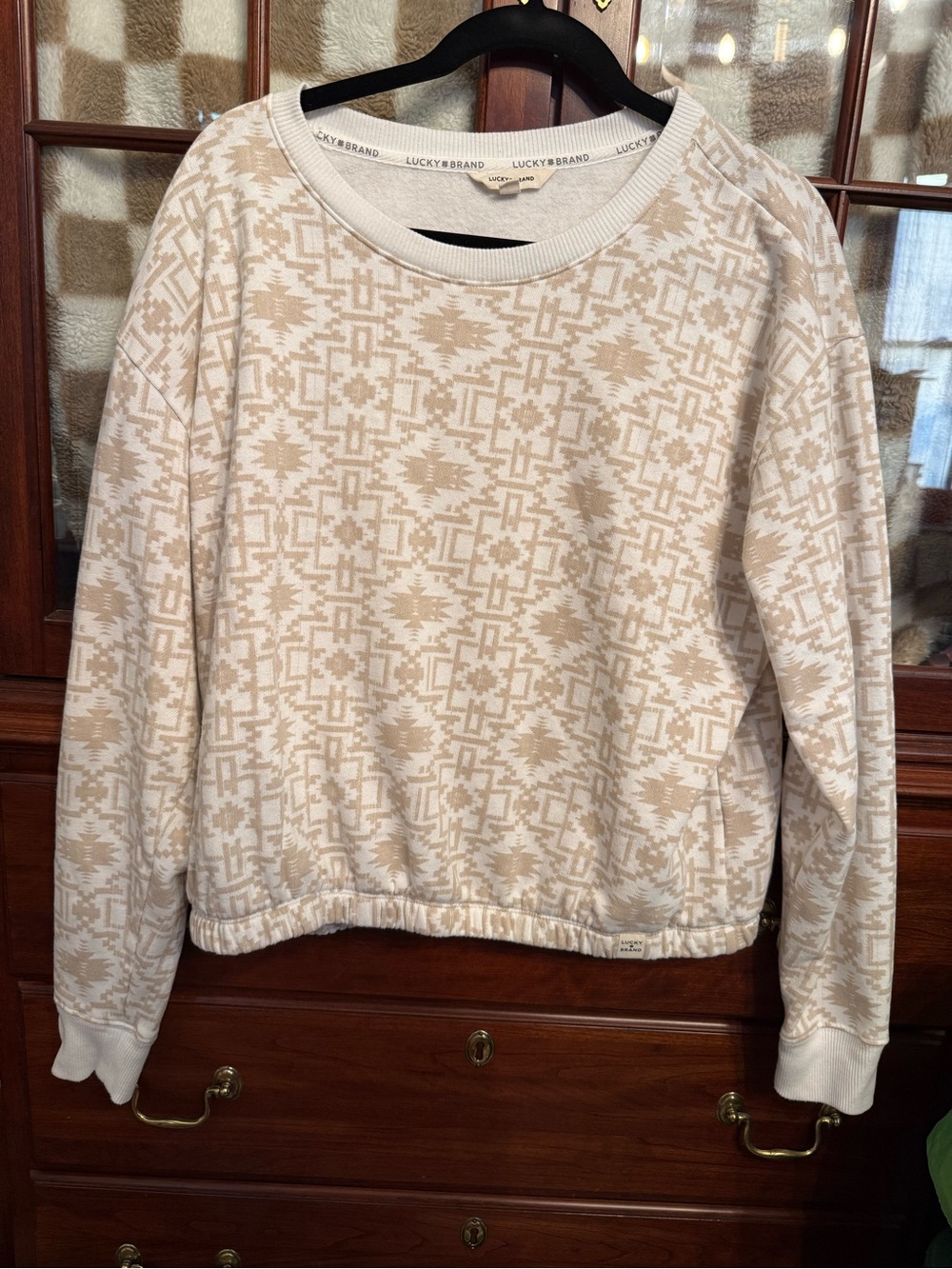 Lucky Brand Cream and Tan Geometric Crewneck Sweater